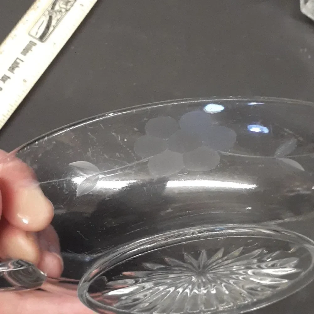 3 pc etched‎ floral crystal sugar/creamer, & sm. dish with bottom star design
